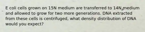 E coli cells grown on 15N medium are transferred to 14N medium and allowed to grow for two more generations. DNA extracted from these cells is centrifuged, what density distribution of DNA would you expect?