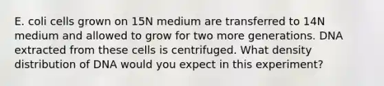 E. coli cells grown on 15N medium are transferred to 14N medium and allowed to grow for two more generations. DNA extracted from these cells is centrifuged. What density distribution of DNA would you expect in this experiment?