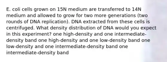 E. coli cells grown on 15N medium are transferred to 14N medium and allowed to grow for two more generations (two rounds of DNA replication). DNA extracted from these cells is centrifuged. What density distribution of DNA would you expect in this experiment? one high-density and one intermediate-density band one high-density and one low-density band one low-density and one intermediate-density band one intermediate-density band