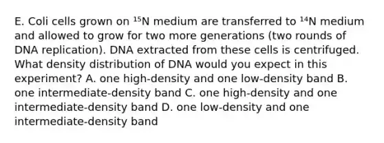 E. Coli cells grown on ¹⁵N medium are transferred to ¹⁴N medium and allowed to grow for two more generations (two rounds of DNA replication). DNA extracted from these cells is centrifuged. What density distribution of DNA would you expect in this experiment? A. one high-density and one low-density band B. one intermediate-density band C. one high-density and one intermediate-density band D. one low-density and one intermediate-density band