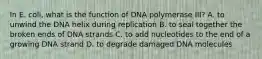 In E. coli, what is the function of DNA polymerase III? A. to unwind the DNA helix during replication B. to seal together the broken ends of DNA strands C. to add nucleotides to the end of a growing DNA strand D. to degrade damaged DNA molecules