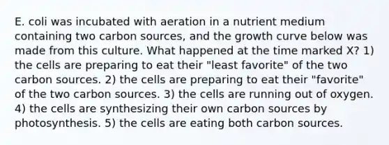 E. coli was incubated with aeration in a nutrient medium containing two carbon sources, and the growth curve below was made from this culture. What happened at the time marked X? 1) the cells are preparing to eat their "least favorite" of the two carbon sources. 2) the cells are preparing to eat their "favorite" of the two carbon sources. 3) the cells are running out of oxygen. 4) the cells are synthesizing their own carbon sources by photosynthesis. 5) the cells are eating both carbon sources.