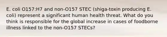 E. coli O157:H7 and non-O157 STEC (shiga-toxin producing E. coli) represent a significant human health threat. What do you think is responsible for the global increase in cases of foodborne illness linked to the non-O157 STECs?