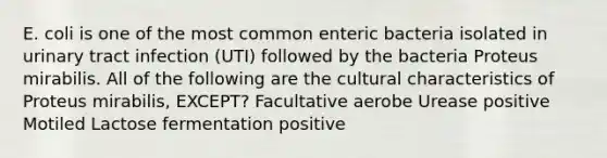 E. coli is one of the most common enteric bacteria isolated in urinary tract infection (UTI) followed by the bacteria Proteus mirabilis. All of the following are the cultural characteristics of Proteus mirabilis, EXCEPT? Facultative aerobe Urease positive Motiled Lactose fermentation positive