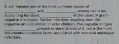 E. coli remains one of the most common causes of ___________________ and ___________________ among neonates, accounting for about ___________________ of the cases of gram-negative meningitis. Similar infections resulting from this organism are uncommon in older children. The capsular antigen ___________________ present in some strains of E. coli is the most documented virulence factor associated with neonatal meningeal infections.