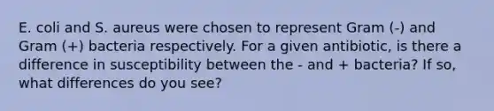 E. coli and S. aureus were chosen to represent Gram (-) and Gram (+) bacteria respectively. For a given antibiotic, is there a difference in susceptibility between the - and + bacteria? If so, what differences do you see?