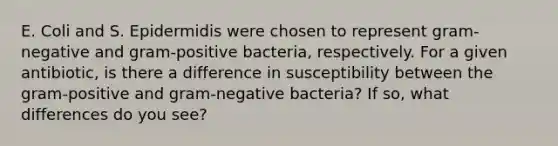 E. Coli and S. Epidermidis were chosen to represent gram-negative and gram-positive bacteria, respectively. For a given antibiotic, is there a difference in susceptibility between the gram-positive and gram-negative bacteria? If so, what differences do you see?