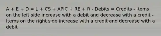 A + E + D = L + CS + APIC + RE + R - Debits = Credits - Items on the left side increase with a debit and decrease with a credit - Items on the right side increase with a credit and decrease with a debit