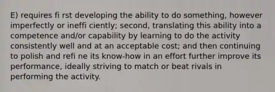 E) requires fi rst developing the ability to do something, however imperfectly or ineffi ciently; second, translating this ability into a competence and/or capability by learning to do the activity consistently well and at an acceptable cost; and then continuing to polish and refi ne its know-how in an effort further improve its performance, ideally striving to match or beat rivals in performing the activity.