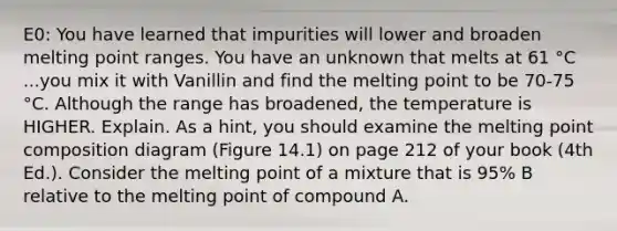 E0: You have learned that impurities will lower and broaden melting point ranges. You have an unknown that melts at 61 °C ...you mix it with Vanillin and find the melting point to be 70-75 °C. Although the range has broadened, the temperature is HIGHER. Explain. As a hint, you should examine the melting point composition diagram (Figure 14.1) on page 212 of your book (4th Ed.). Consider the melting point of a mixture that is 95% B relative to the melting point of compound A.