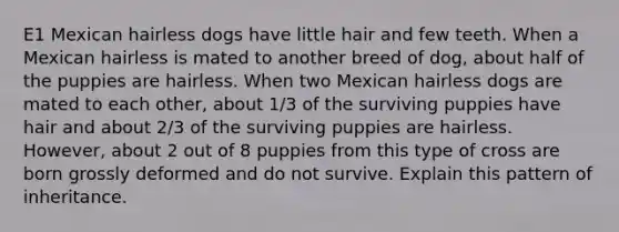 E1 Mexican hairless dogs have little hair and few teeth. When a Mexican hairless is mated to another breed of dog, about half of the puppies are hairless. When two Mexican hairless dogs are mated to each other, about 1/3 of the surviving puppies have hair and about 2/3 of the surviving puppies are hairless. However, about 2 out of 8 puppies from this type of cross are born grossly deformed and do not survive. Explain this pattern of inheritance.