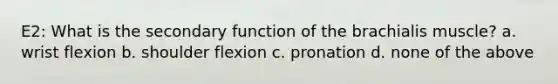 E2: What is the secondary function of the brachialis muscle? a. wrist flexion b. shoulder flexion c. pronation d. none of the above