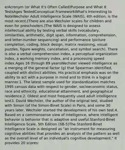 e/Acronym (or What It's Often Called)Purpose and What It TestsAges TestedConceptual FrameworkWhat's Interesting to NoteWechsler Adult Intelligence Scale (WAIS), 4th edition, is the most recent.(There are also Wechsler scales for children and even for preschoolers.)The WAIS is designed to assess intellectual ability by testing verbal skills (vocabulary, similarities, arithmetic, digit span, information, comprehension, and letter-number sequencing) and performance (picture completion, coding, block design, matrix reasoning, visual puzzles, figure weights, cancellation, and symbol search). There is also a verbal comprehension index, a perceptual organization index, a working memory index, and a processing speed index.Ages 16 through 89 yearsWechsler viewed intelligence as a merging of the general factor (g) that Spearman identified, coupled with distinct abilities. His practical emphasis was on the ability to act with a purpose in mind and to think in a logical manner.1. The latest sample used for standardization matches 1995 census data with respect to gender, socioeconomic status, race and ethnicity, educational attainment, and geographical residence.2. Oldest and most frequently used adult intelligence test3. David Wechsler, the author of the original test, studied with Simon (of the Simon-Binet Scale) in Paris, and some 30 years later, Wechsler started the development of his own test.4. Based on a commonsense view of intelligence, where intelligent behavior is behavior that is adaptive and useful.Stanford-Binet Intelligence Scale, 5th Edition (SB-5)The Stanford-Binet Intelligence Scale is designed as "an instrument for measuring cognitive abilities that provides an analysis of the pattern as well as the overall level of an individual's cognitive development." It provides 20 scores: