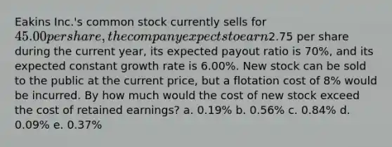 Eakins Inc.'s common stock currently sells for 45.00 per share, the company expects to earn2.75 per share during the current year, its expected payout ratio is 70%, and its expected constant growth rate is 6.00%. New stock can be sold to the public at the current price, but a flotation cost of 8% would be incurred. By how much would the cost of new stock exceed the cost of retained earnings? a. 0.19% b. 0.56% c. 0.84% d. 0.09% e. 0.37%