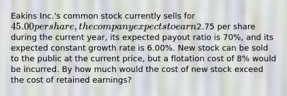 Eakins Inc.'s common stock currently sells for 45.00 per share, the company expects to earn2.75 per share during the current year, its expected payout ratio is 70%, and its expected constant growth rate is 6.00%. New stock can be sold to the public at the current price, but a flotation cost of 8% would be incurred. By how much would the cost of new stock exceed the cost of retained earnings?