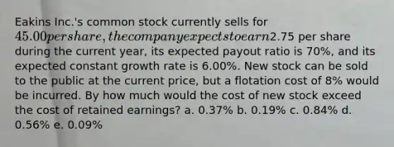 Eakins Inc.'s common stock currently sells for 45.00 per share, the company expects to earn2.75 per share during the current year, its expected payout ratio is 70%, and its expected constant growth rate is 6.00%. New stock can be sold to the public at the current price, but a flotation cost of 8% would be incurred. By how much would the cost of new stock exceed the cost of retained earnings? a. 0.37% b. 0.19% c. 0.84% d. 0.56% e. 0.09%