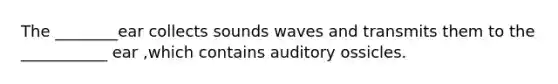 The ________ear collects sounds waves and transmits them to the ___________ ear ,which contains auditory ossicles.