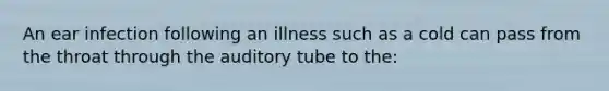 An ear infection following an illness such as a cold can pass from the throat through the auditory tube to the: