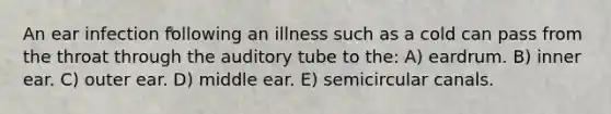 An ear infection following an illness such as a cold can pass from the throat through the auditory tube to the: A) eardrum. B) inner ear. C) outer ear. D) middle ear. E) semicircular canals.