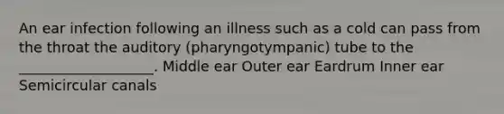 An ear infection following an illness such as a cold can pass from the throat the auditory (pharyngotympanic) tube to the ___________________. Middle ear Outer ear Eardrum Inner ear Semicircular canals