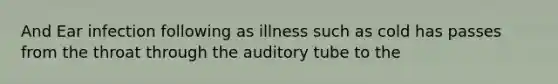 And Ear infection following as illness such as cold has passes from the throat through the auditory tube to the