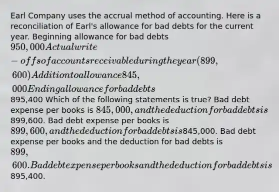 Earl Company uses the accrual method of accounting. Here is a reconciliation of Earl's allowance for bad debts for the current year. Beginning allowance for bad debts950,000 Actual write-offs of accounts receivable during the year(899,600) Addition to allowance845,000 Ending allowance for bad debts 895,400 Which of the following statements is true? Bad debt expense per books is 845,000, and the deduction for bad debts is899,600. Bad debt expense per books is 899,600, and the deduction for bad debts is845,000. Bad debt expense per books and the deduction for bad debts is 899,600. Bad debt expense per books and the deduction for bad debts is895,400.