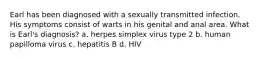 Earl has been diagnosed with a sexually transmitted infection. His symptoms consist of warts in his genital and anal area. What is Earl's diagnosis? a. herpes simplex virus type 2 b. human papilloma virus c. hepatitis B d. HIV