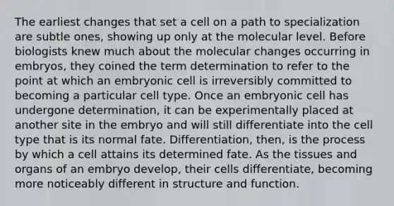 The earliest changes that set a cell on a path to specialization are subtle ones, showing up only at the molecular level. Before biologists knew much about the molecular changes occurring in embryos, they coined the term determination to refer to the point at which an embryonic cell is irreversibly committed to becoming a particular cell type. Once an embryonic cell has undergone determination, it can be experimentally placed at another site in the embryo and will still differentiate into the cell type that is its normal fate. Differentiation, then, is the process by which a cell attains its determined fate. As the tissues and organs of an embryo develop, their cells differentiate, becoming more noticeably different in structure and function.