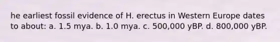he earliest fossil evidence of H. erectus in Western Europe dates to about: a. 1.5 mya. b. 1.0 mya. c. 500,000 yBP. d. 800,000 yBP.