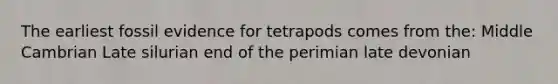 The earliest fossil evidence for tetrapods comes from the: Middle Cambrian Late silurian end of the perimian late devonian