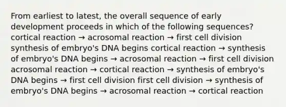 From earliest to latest, the overall sequence of early development proceeds in which of the following sequences? cortical reaction → acrosomal reaction → first cell division synthesis of embryo's DNA begins cortical reaction → synthesis of embryo's DNA begins → acrosomal reaction → first cell division acrosomal reaction → cortical reaction → synthesis of embryo's DNA begins → first cell division first cell division → synthesis of embryo's DNA begins → acrosomal reaction → cortical reaction