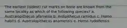 The earliest (oldest) cut marks on bone are known from the same locality as which of the following species? a. Australopithecus afarnesis b. Ardipithecus ramidus c. Homo habilis d. Australopithecus anamensis e. Homo rudolfensis