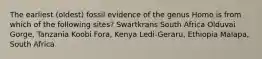 The earliest (oldest) fossil evidence of the genus Homo is from which of the following sites? Swartkrans South Africa Olduvai Gorge, Tanzania Koobi Fora, Kenya Ledi-Geraru, Ethiopia Malapa, South Africa