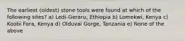 The earliest (oldest) stone tools were found at which of the following sites? a) Ledi-Geraru, Ethiopia b) Lomekwi, Kenya c) Koobi Fora, Kenya d) Olduvai Gorge, Tanzania e) None of the above