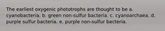 The earliest oxygenic phototrophs are thought to be a. cyanobacteria. b. green non-sulfur bacteria. c. cyanoarchaea. d. purple sulfur bacteria. e. purple non-sulfur bacteria.