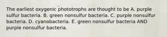 The earliest oxygenic phototrophs are thought to be A. purple sulfur bacteria. B. green nonsulfur bacteria. C. purple nonsulfur bacteria. D. cyanobacteria. E. green nonsulfur bacteria AND purple nonsulfur bacteria.