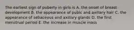 The earliest sign of puberty in girls is A. the onset of breast development B. the appearance of pubic and axillary hair C. the appearance of sebaceous and axillary glands D. the first menstrual period E. the increase in muscle mass