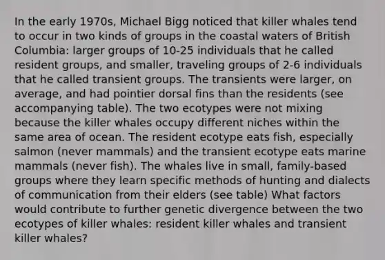 In the early 1970s, Michael Bigg noticed that killer whales tend to occur in two kinds of groups in the coastal waters of British Columbia: larger groups of 10-25 individuals that he called resident groups, and smaller, traveling groups of 2-6 individuals that he called transient groups. The transients were larger, on average, and had pointier dorsal fins than the residents (see accompanying table). The two ecotypes were not mixing because the killer whales occupy different niches within the same area of ocean. The resident ecotype eats fish, especially salmon (never mammals) and the transient ecotype eats marine mammals (never fish). The whales live in small, family-based groups where they learn specific methods of hunting and dialects of communication from their elders (see table) What factors would contribute to further genetic divergence between the two ecotypes of killer whales: resident killer whales and transient killer whales?