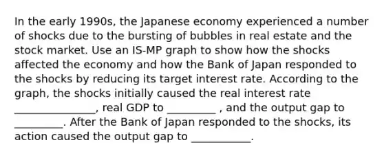 In the early​ 1990s, the Japanese economy experienced a number of shocks due to the bursting of bubbles in real estate and the stock market. Use an IS-MP graph to show how the shocks affected the economy and how the Bank of Japan responded to the shocks by reducing its target interest rate. According to the​ graph, the shocks initially caused the real interest rate _______________​, real GDP to _________ ​, and the output gap to _________. After the Bank of Japan responded to the​ shocks, its action caused the output gap to ___________.