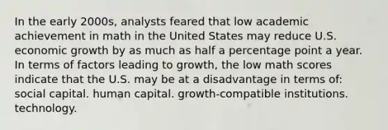 In the early 2000s, analysts feared that low academic achievement in math in the United States may reduce U.S. economic growth by as much as half a percentage point a year. In terms of factors leading to growth, the low math scores indicate that the U.S. may be at a disadvantage in terms of: social capital. human capital. growth-compatible institutions. technology.