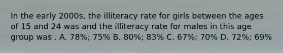 In the early 2000s, the illiteracy rate for girls between the ages of 15 and 24 was and the illiteracy rate for males in this age group was . A. 78%; 75% B. 80%; 83% C. 67%; 70% D. 72%; 69%