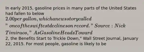 In early​ 2015, gasoline prices in many parts of the United States had fallen to below​ 2.00 per​ gallon, which a news story called​ "one of the swiftest declines on​ record." ​Source: Nick​ Timiraos, "As Gasoline Heads Toward​2, the Benefits Start to Trickle​ Down," Wall Street Journal​, January​ 22, 2015. For most​ people, gasoline is likely to be