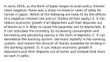 In early​ 2016, as the Bank of Japan began to push policy interest rates​ negative, there was a sharp increase in sales of safes for homes in Japan. Which of the following are likely to be the effects of a negative interest rate​ policy? ​(Select all that​ apply.) A. It can reduce economic growth if all depositors pull their deposits out of banks as it is likely to cause the Japanese yen to depreciate. B. It can stimulate the economy by increasing consumption and borrowing and penalizing saving in the form of deposits. C. It can destabilize the banking​ system, decrease liquidity in the banking​ system, and reduce the amount of money available for lending in the banking system. D. It can reduce economic growth if depositors pull their deposits out of banks and instead hold them as cash in safes.