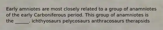 Early amniotes are most closely related to a group of anamniotes of the early Carboniferous period. This group of anamniotes is the ______. ichthyosaurs pelycosaurs anthracosaurs therapsids