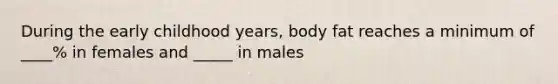 During the early childhood years, body fat reaches a minimum of ____% in females and _____ in males