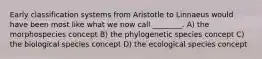 Early classification systems from Aristotle to Linnaeus would have been most like what we now call ________. A) the morphospecies concept B) the phylogenetic species concept C) the biological species concept D) the ecological species concept