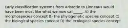 Early classification systems from Aristotle to Linneaus would have been most like what we now call_____. A) the morphospecies concept B) the phylogenetic species concept C) the biological species concept D) the ecological species concept