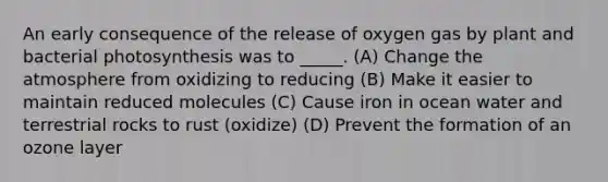 An early consequence of the release of oxygen gas by plant and bacterial photosynthesis was to _____. (A) Change the atmosphere from oxidizing to reducing (B) Make it easier to maintain reduced molecules (C) Cause iron in ocean water and terrestrial rocks to rust (oxidize) (D) Prevent the formation of an ozone layer