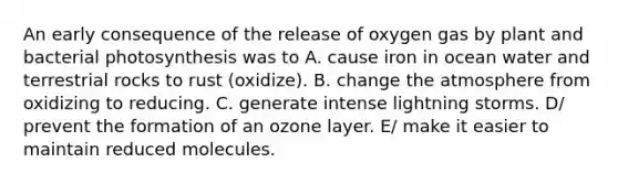 An early consequence of the release of oxygen gas by plant and bacterial photosynthesis was to A. cause iron in ocean water and terrestrial rocks to rust (oxidize). B. change the atmosphere from oxidizing to reducing. C. generate intense lightning storms. D/ prevent the formation of an ozone layer. E/ make it easier to maintain reduced molecules.