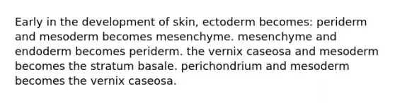 Early in the development of skin, ectoderm becomes: periderm and mesoderm becomes mesenchyme. mesenchyme and endoderm becomes periderm. the vernix caseosa and mesoderm becomes the stratum basale. perichondrium and mesoderm becomes the vernix caseosa.